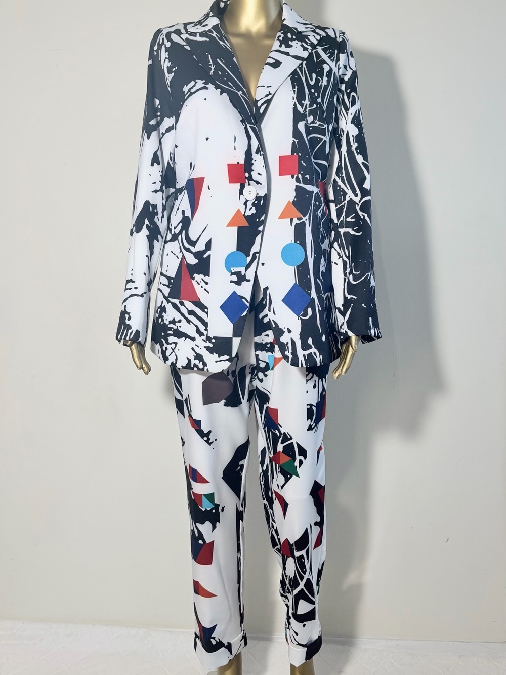 L'ATISTE Black & White Abstract Straight-Leg Pants with Red & Blue Accents
